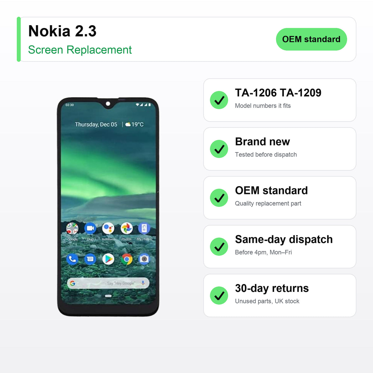 Nokia 2.3 screen key facts: brand new, tested, same-day UK dispatch