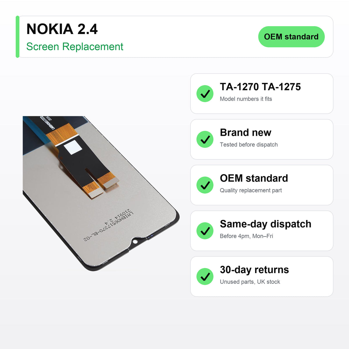 NOKIA 2.4 screen key facts: brand new, tested, same-day UK dispatch