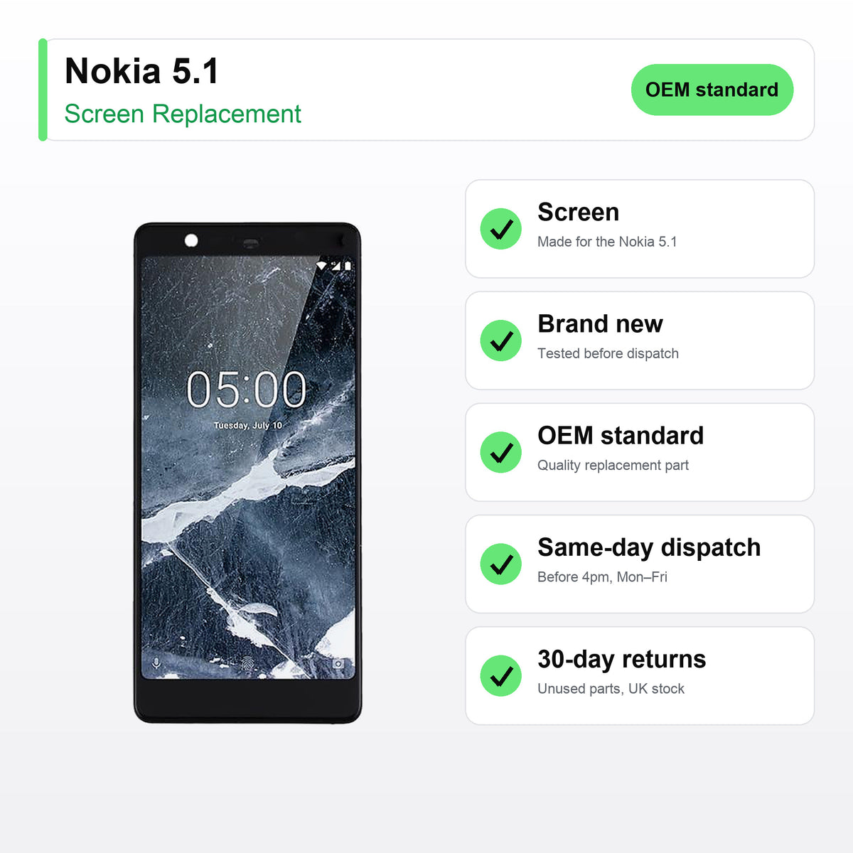 Nokia 5.1 screen key facts: brand new, tested, same-day UK dispatch