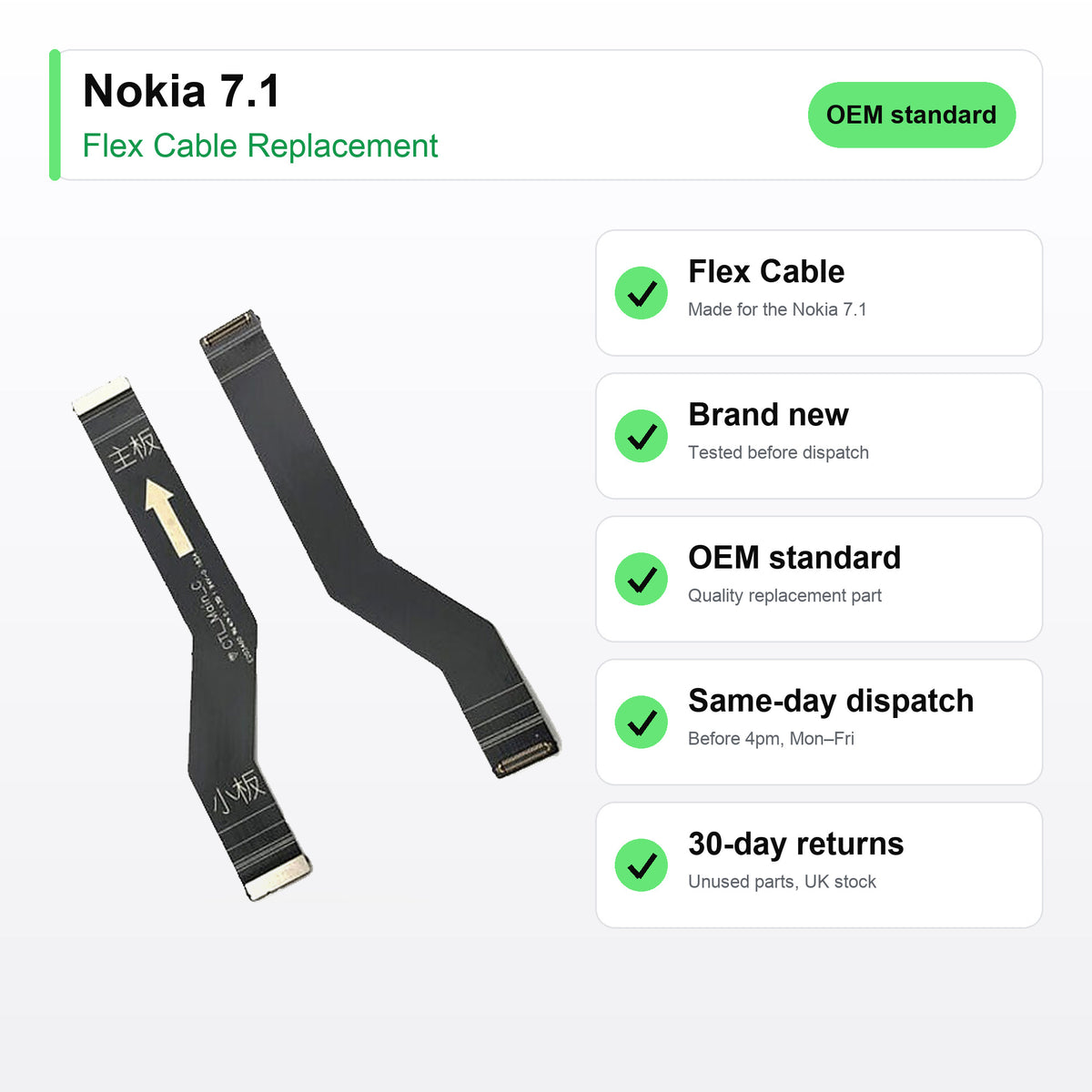 Nokia 7.1 flex cable key facts: brand new, tested, same-day UK dispatch