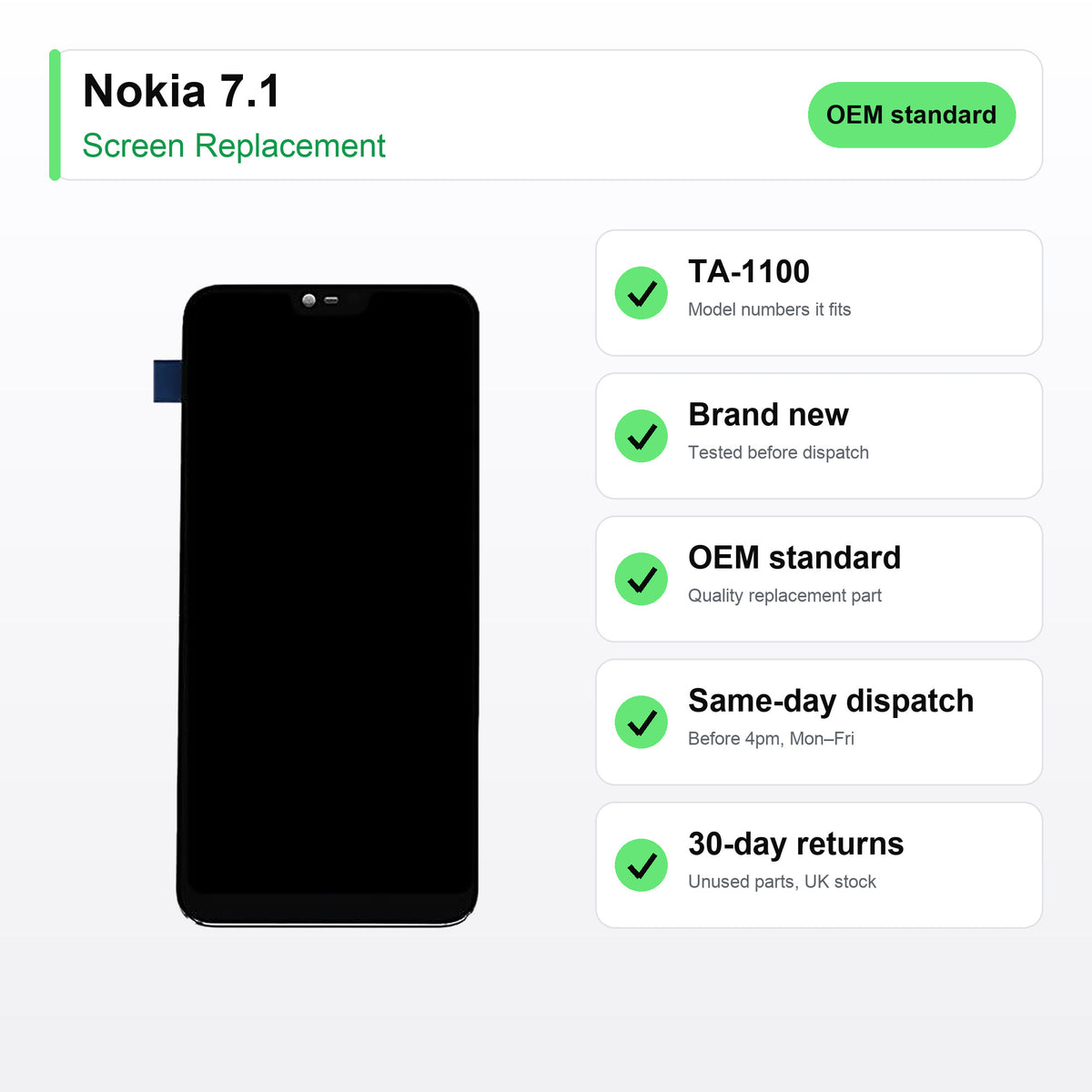 Nokia 7.1 screen key facts: brand new, tested, same-day UK dispatch