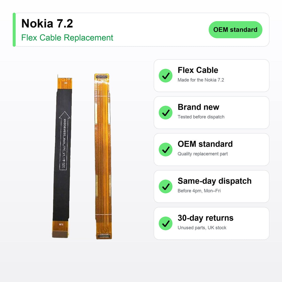 Nokia 7.2 flex cable key facts: brand new, tested, same-day UK dispatch