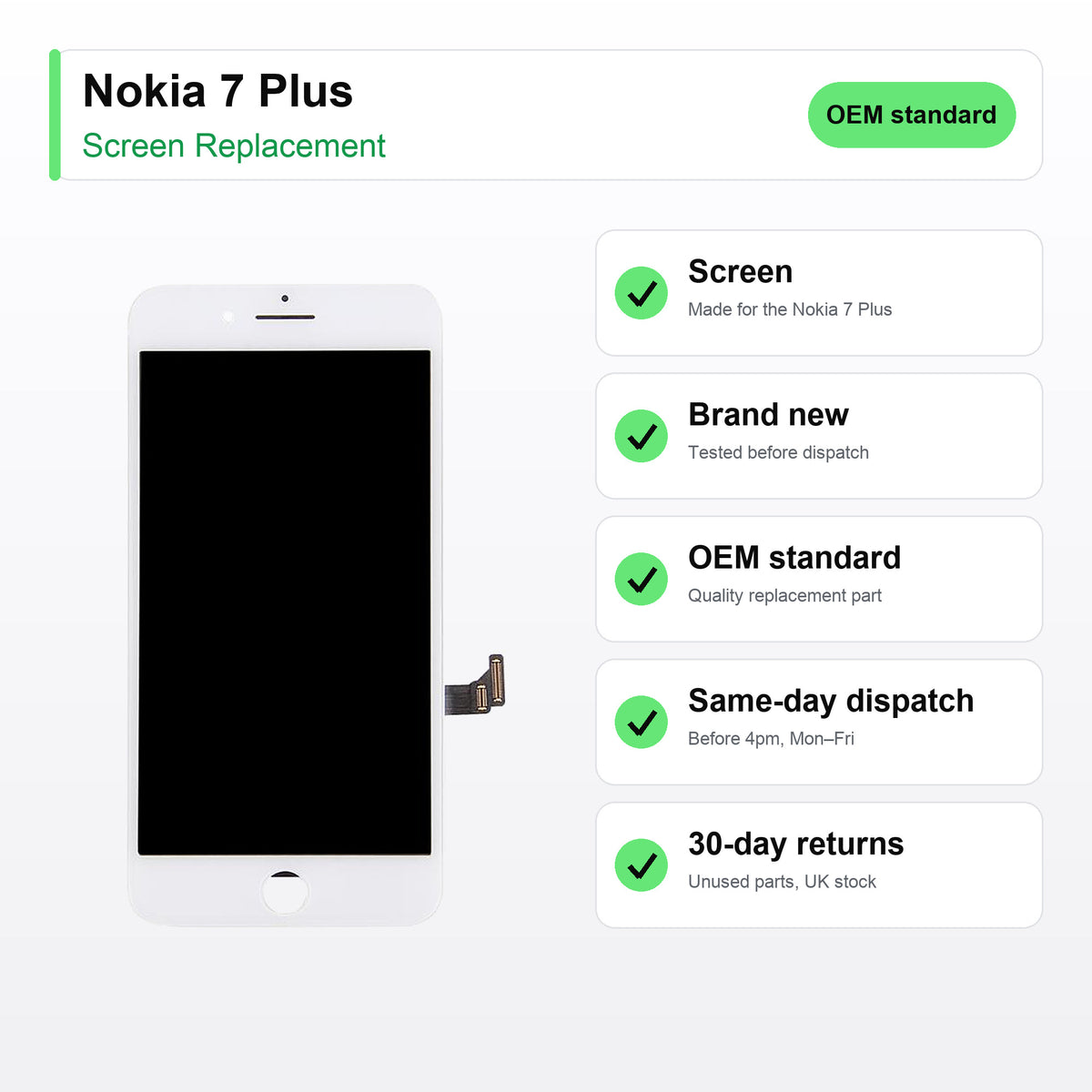 Nokia 7 Plus screen key facts: brand new, tested, same-day UK dispatch