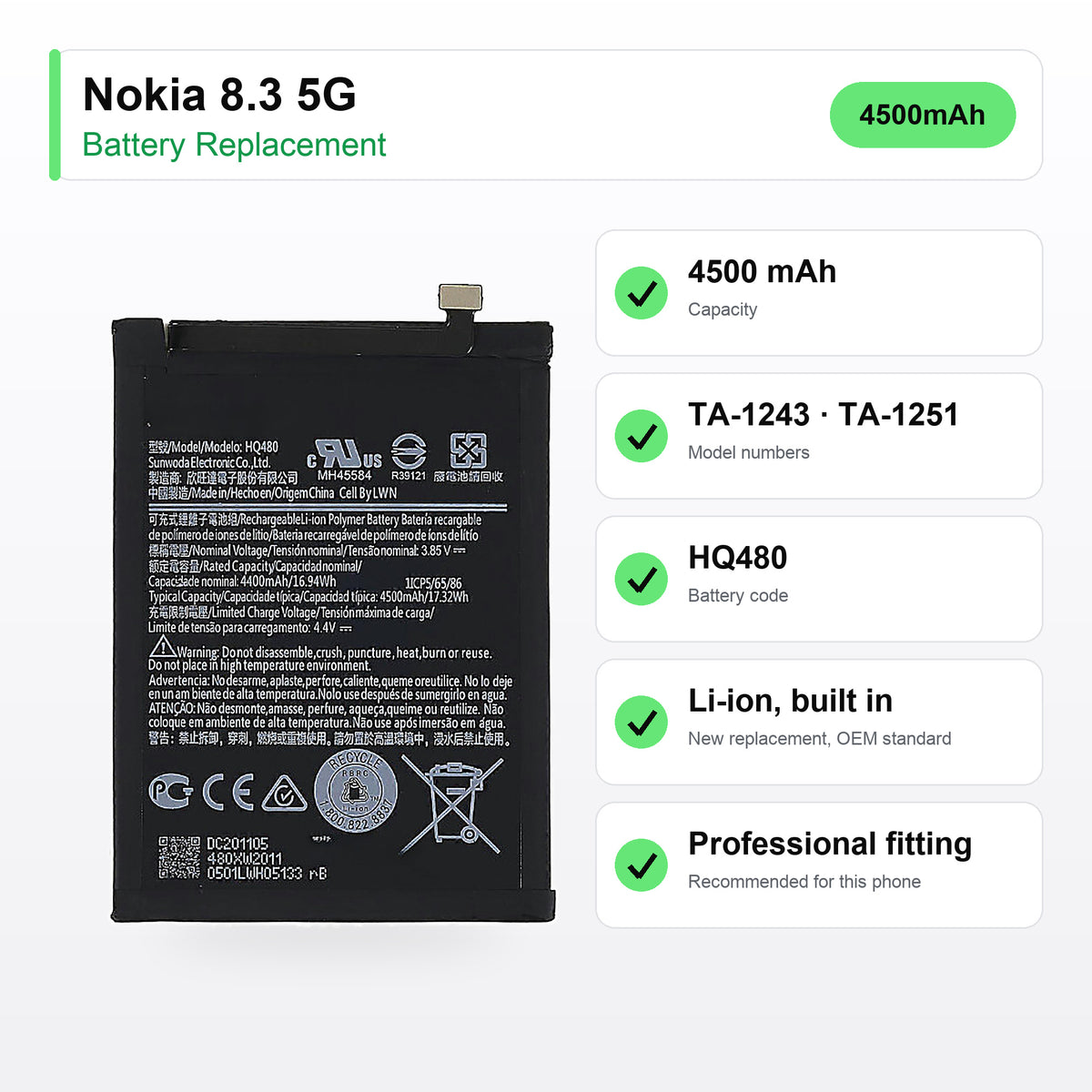Nokia 8.3 5G battery replacement specs: 4500 mAh, HQ480, TA-1243, UK delivery 3.49