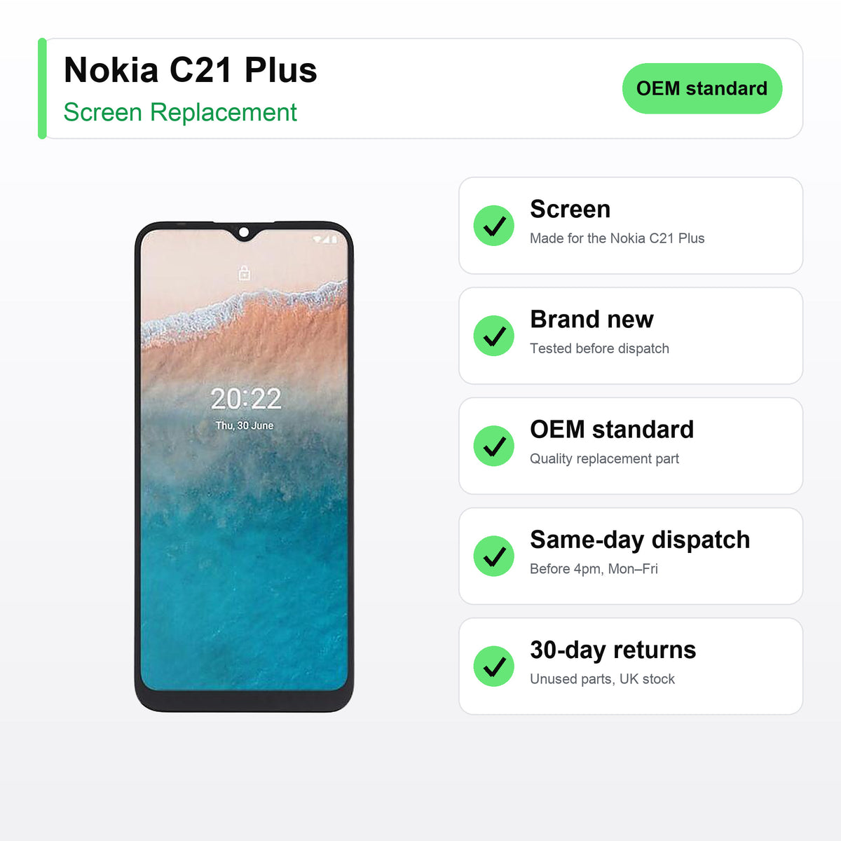 Nokia C21 Plus screen key facts: brand new, tested, same-day UK dispatch