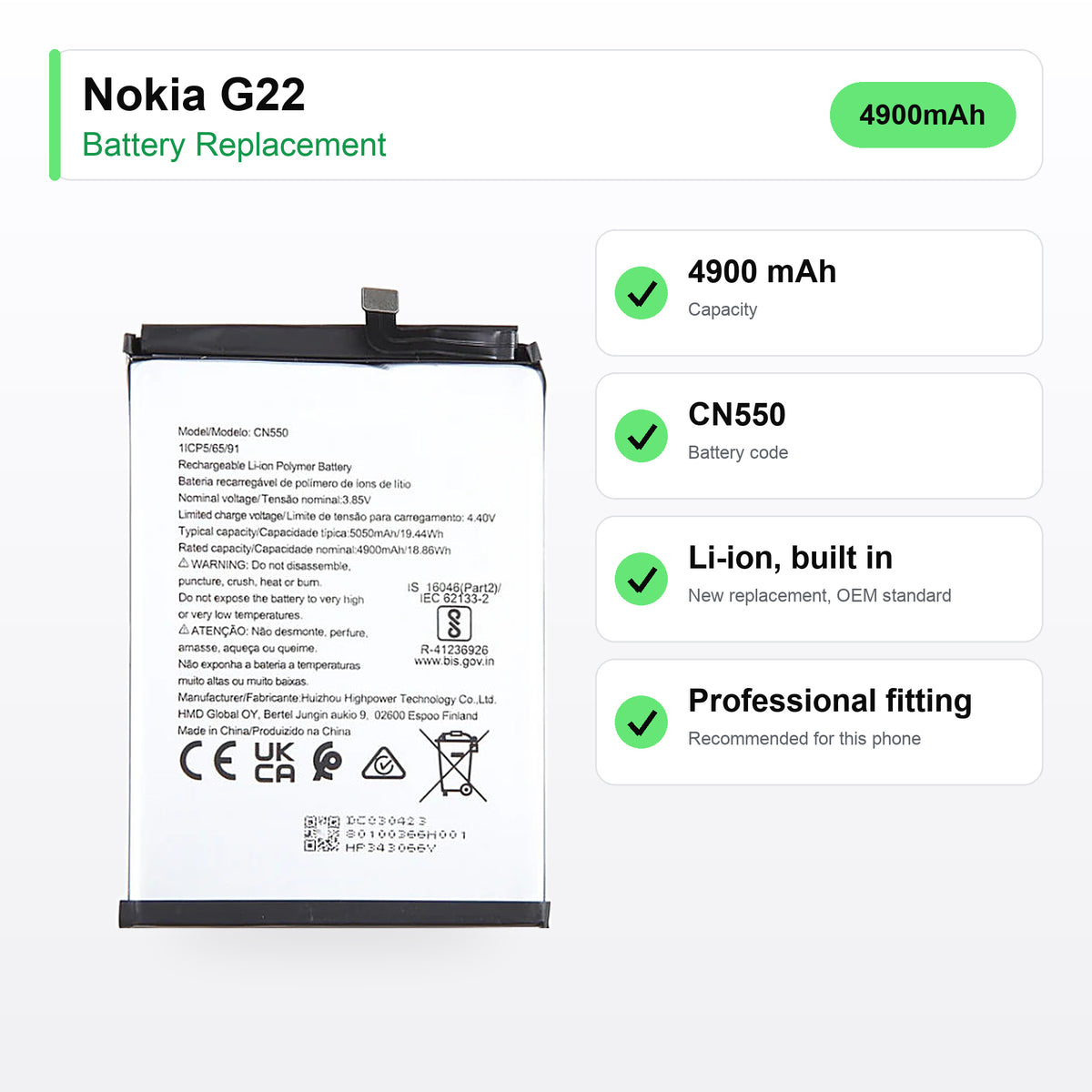 Nokia G22 battery replacement specs: 4900 mAh, CN550, UK delivery 3.49