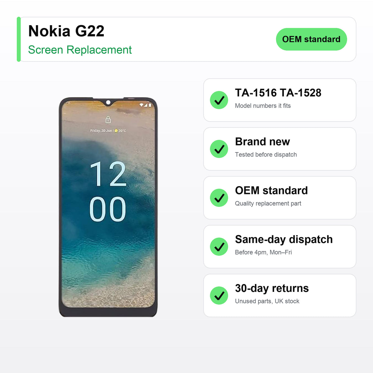 Nokia G22 screen key facts: brand new, tested, same-day UK dispatch