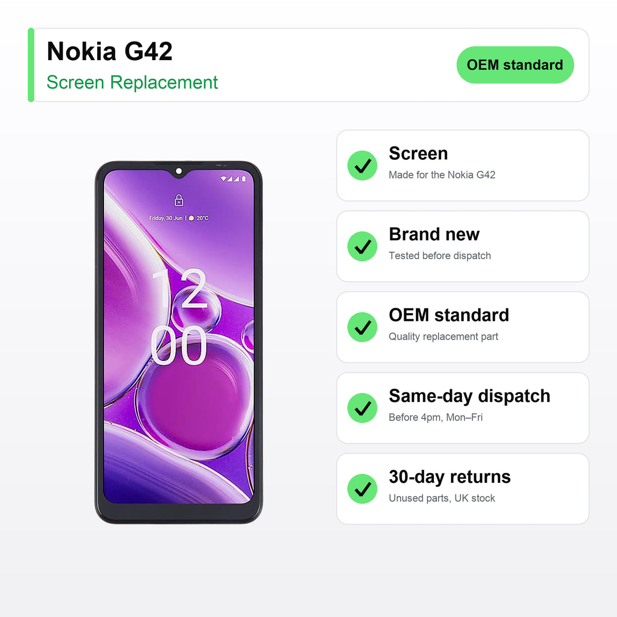 Nokia G42 screen key facts: brand new, tested, same-day UK dispatch