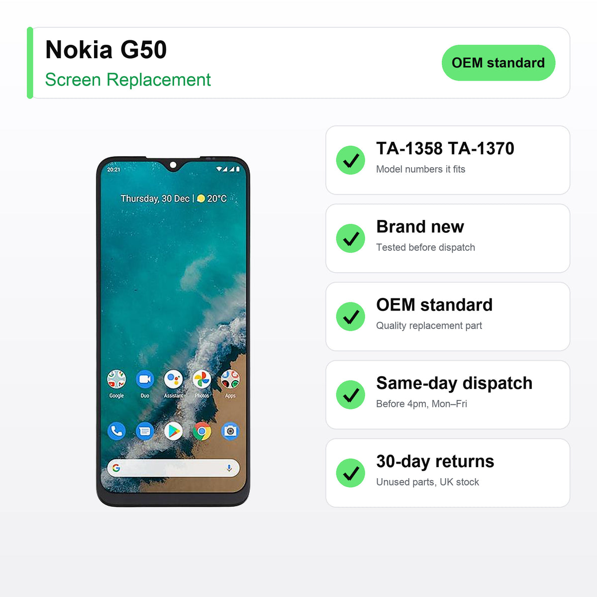 Nokia G50 screen key facts: brand new, tested, same-day UK dispatch