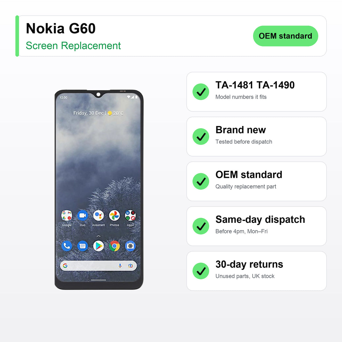 Nokia G60 screen key facts: brand new, tested, same-day UK dispatch
