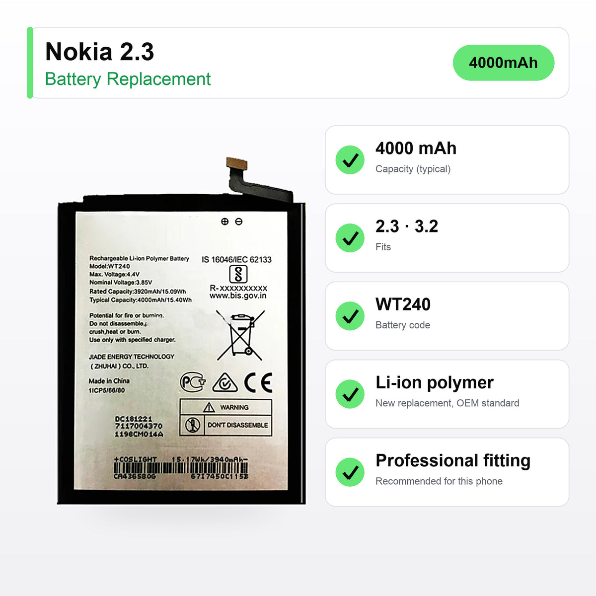 Nokia 2.3 battery replacement specs: 4000 mAh, code WT240, compatible phones
