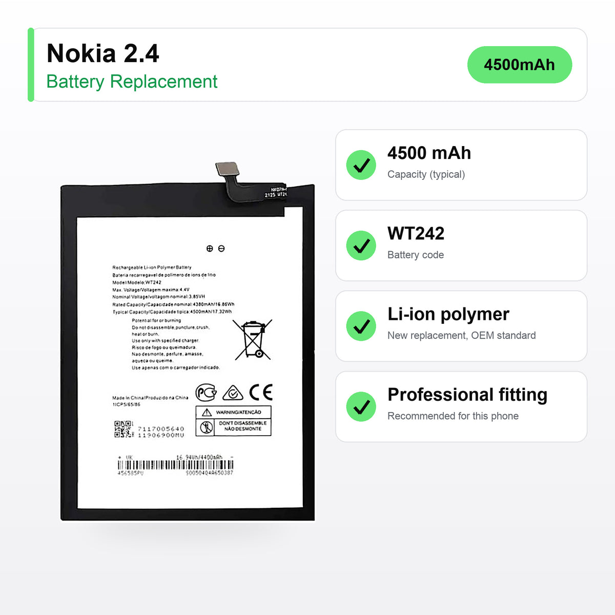 Nokia 2.4 battery replacement specs: 4500 mAh, code WT242, compatible phones