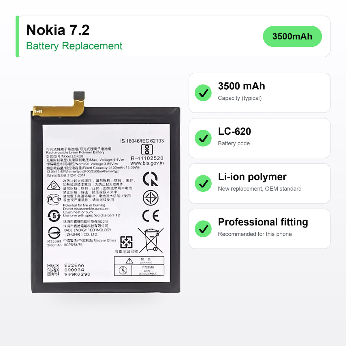 Nokia 7.2 battery replacement specs: 3500 mAh, code LC-620, compatible phones