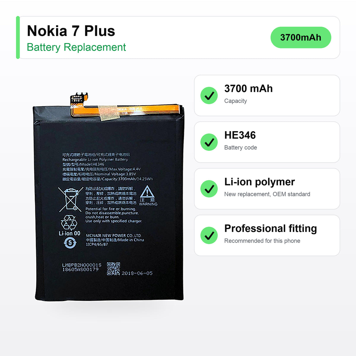 Nokia 7 Plus battery replacement specs: 3700 mAh, code HE346, compatible phones