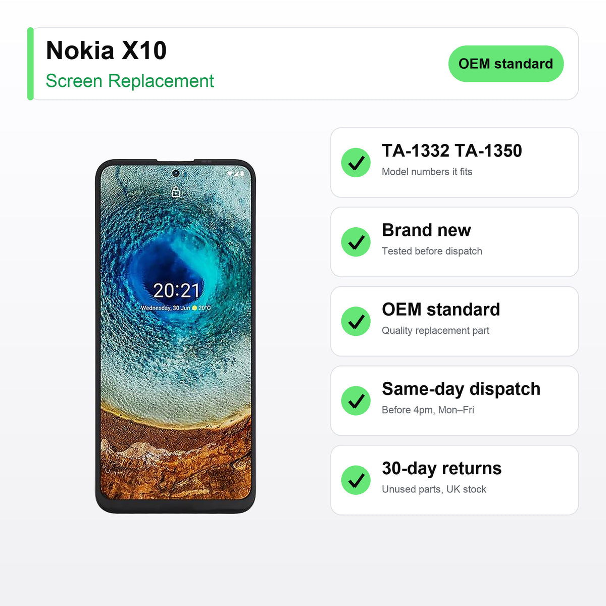 Nokia X10 screen key facts: brand new, tested, same-day UK dispatch