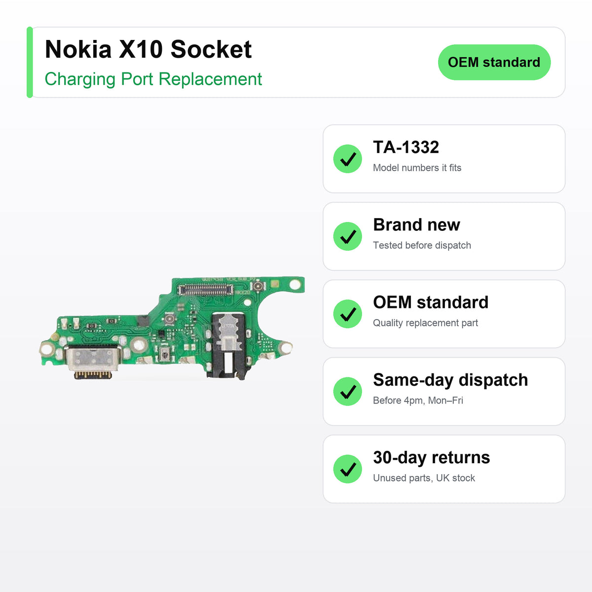 Nokia X10 Socket charging port key facts: brand new, tested, same-day UK dispatch