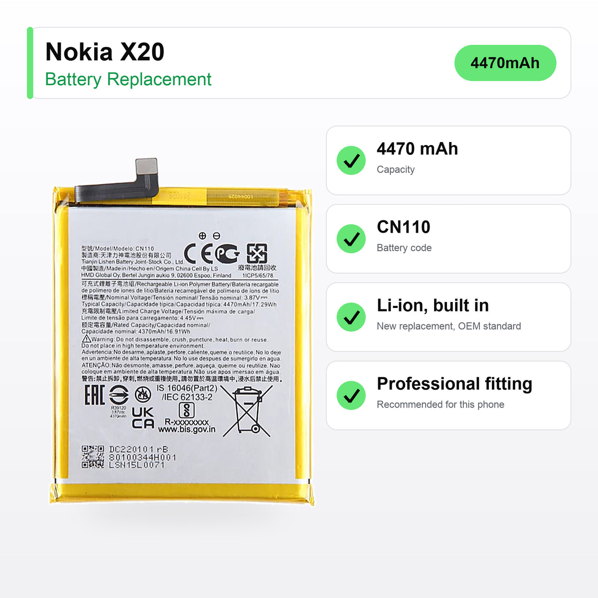 Nokia X20 battery replacement specs: 4470 mAh, CN110, UK delivery 3.49