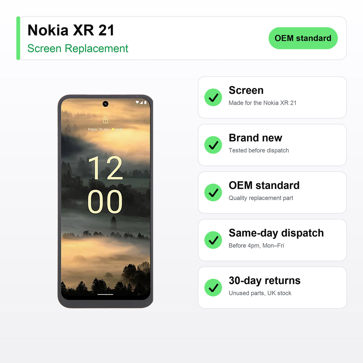 Nokia XR 21 screen key facts: brand new, tested, same-day UK dispatch
