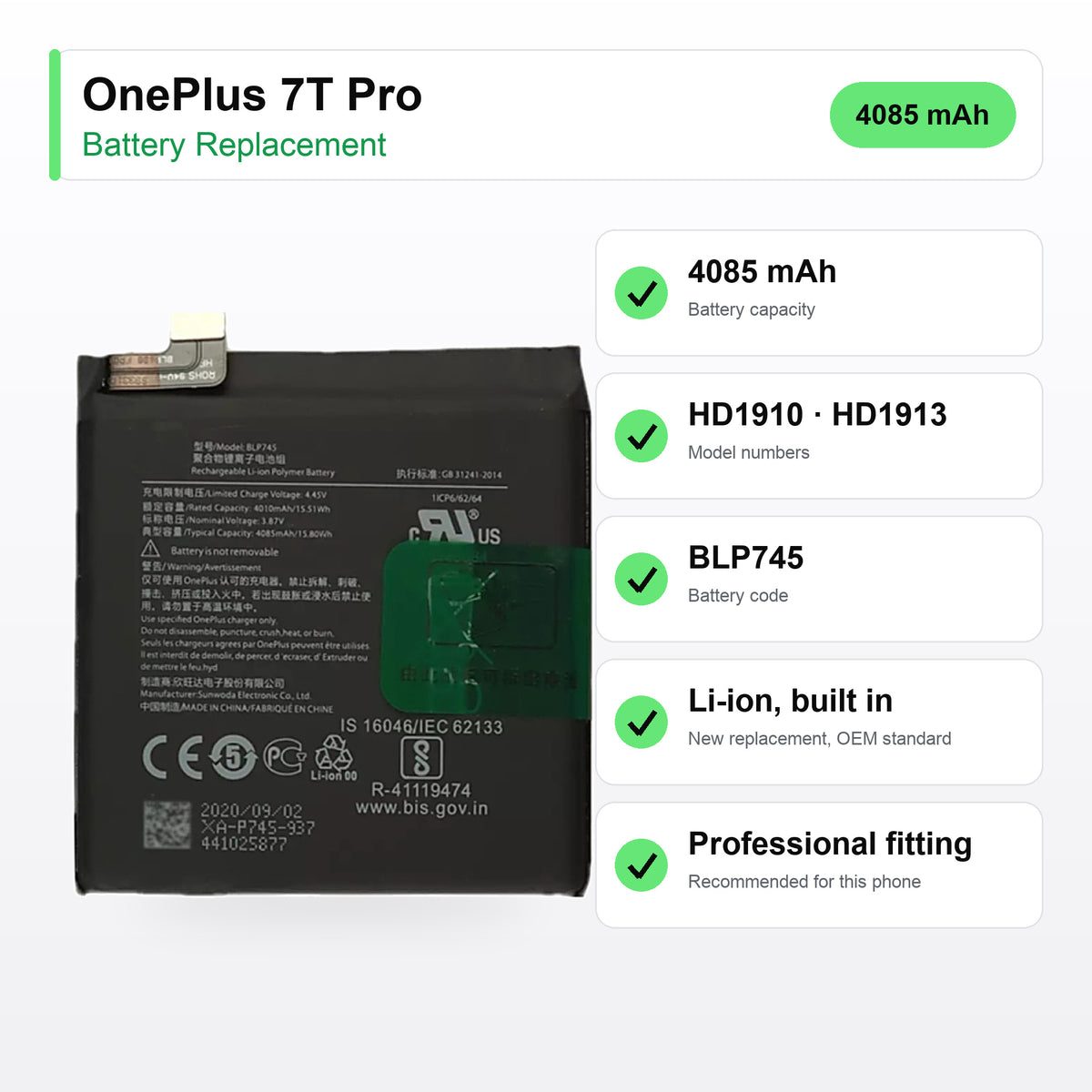 OnePlus 7T Pro battery replacement specs: 4085 mAh, HD1910 · HD1913, BLP745