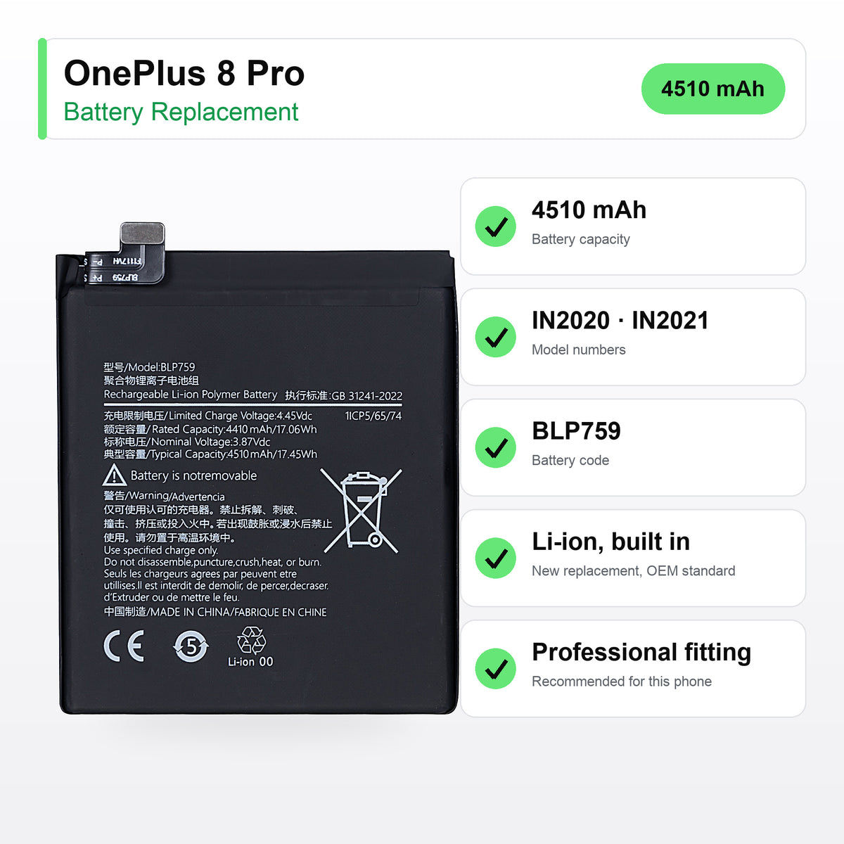 OnePlus 8 Pro battery replacement specs: 4510 mAh, IN2020 · IN2021, BLP759