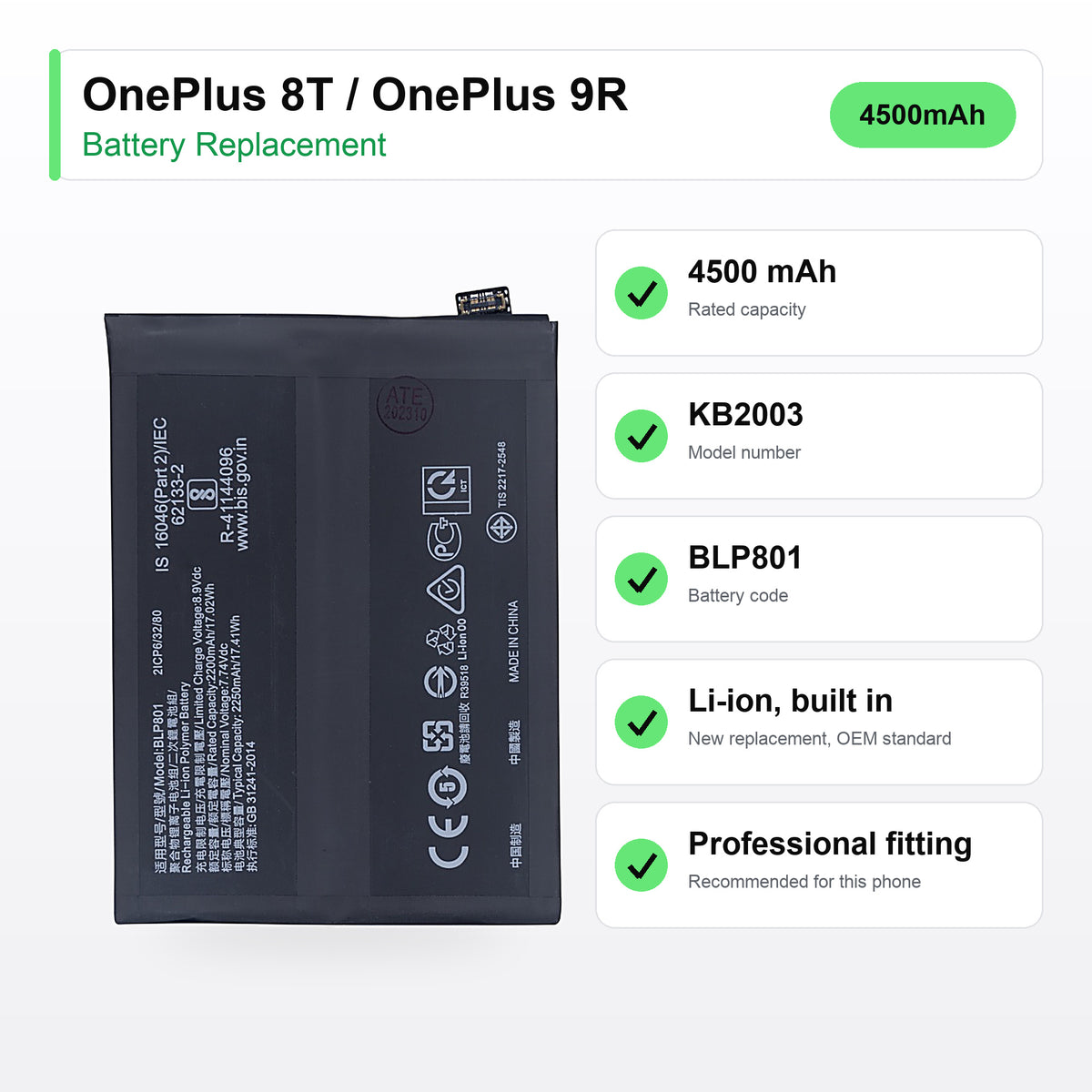 OnePlus 8T / OnePlus 9R battery replacement specs: 4500 mAh, KB2003, BLP801