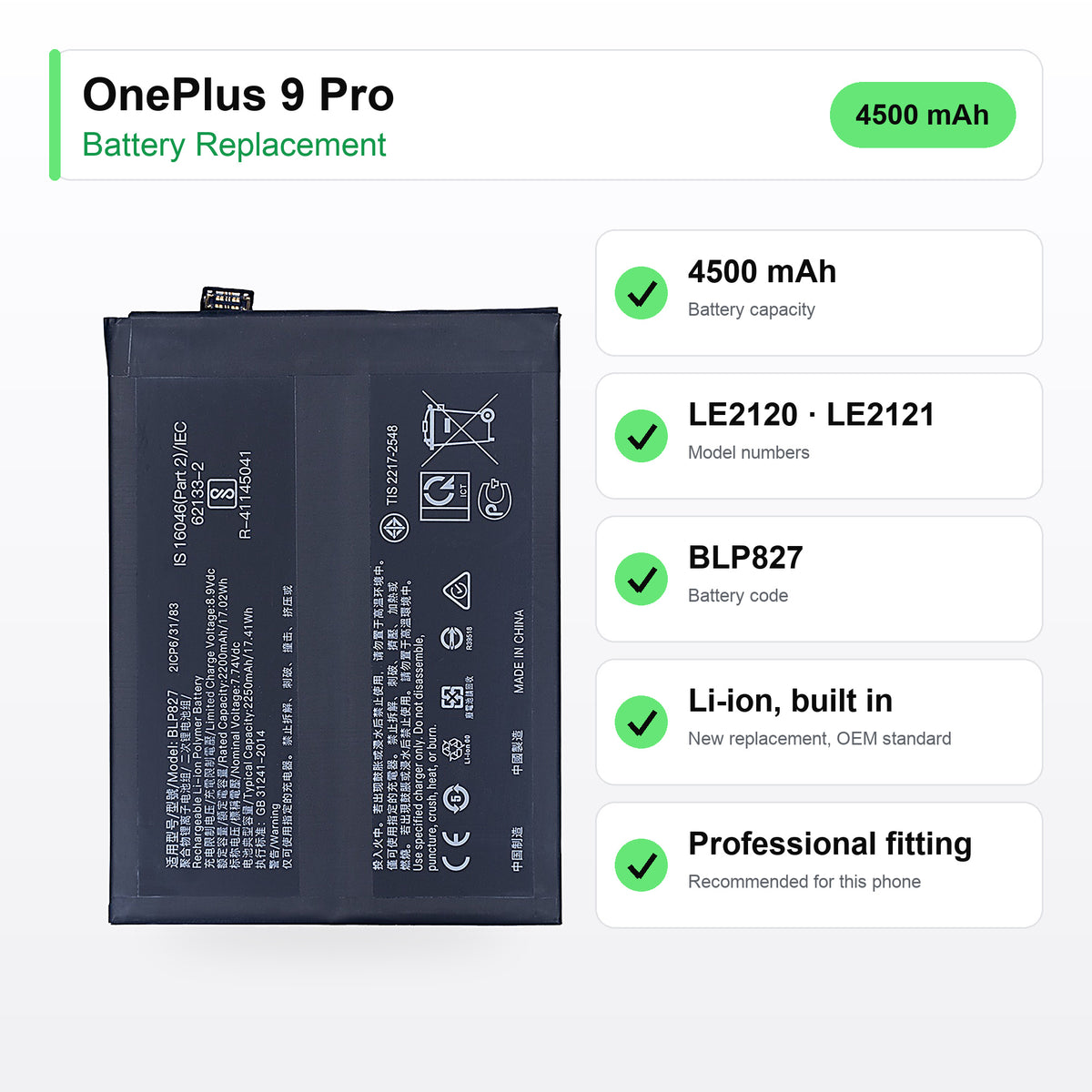 OnePlus 9 Pro battery replacement specs: 4500 mAh, LE2120 · LE2121, BLP827