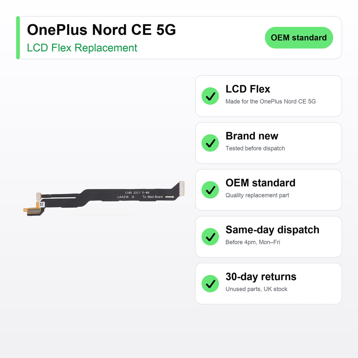 OnePlus Nord CE 5G LCD flex cable key facts: brand new, tested, same-day UK dispatch