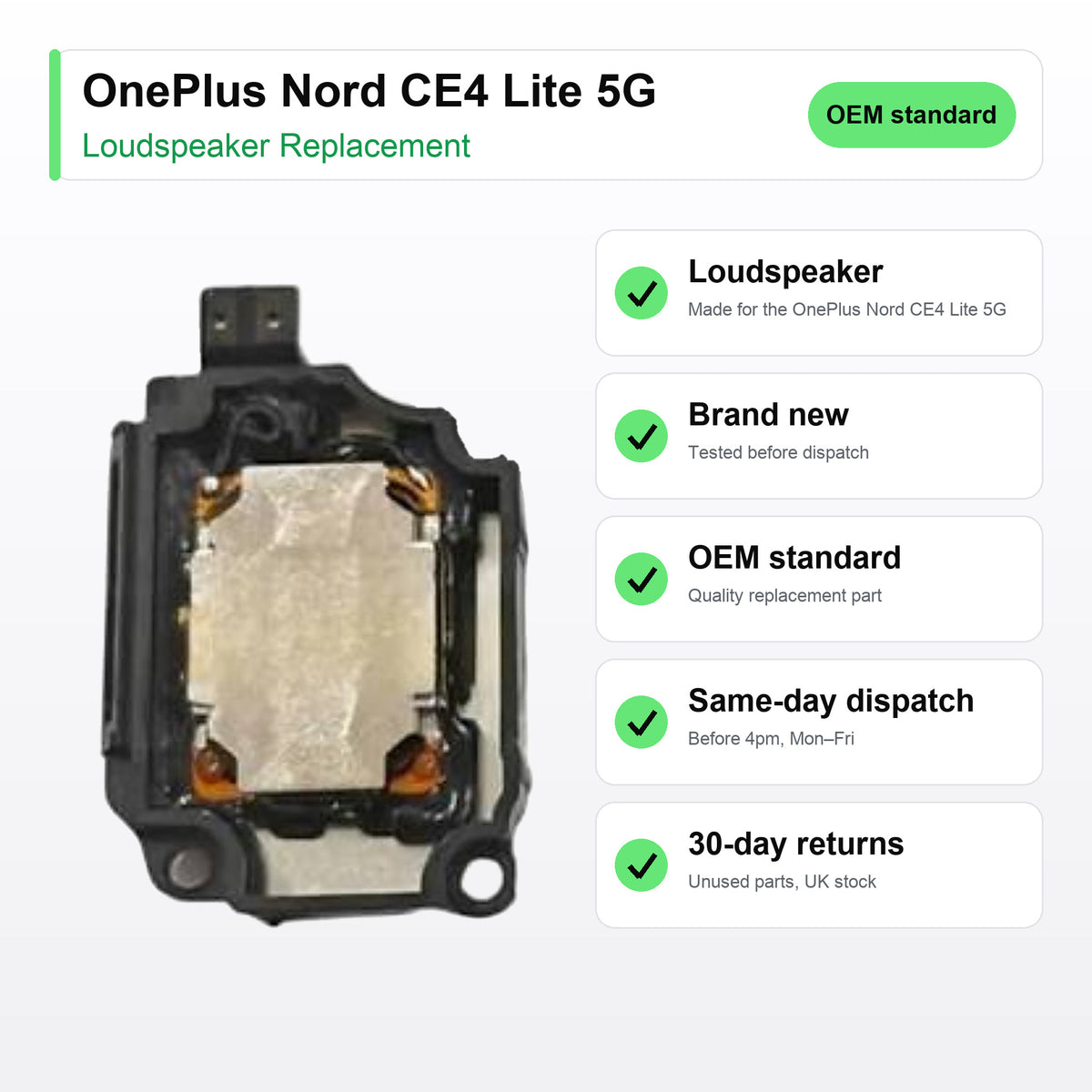 OnePlus Nord CE4 Lite 5G loudspeaker key facts: brand new, tested, same-day UK dispatch