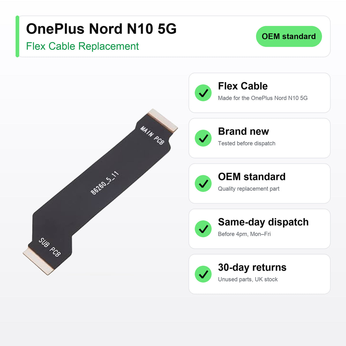 OnePlus Nord N10 5G flex cable key facts: brand new, tested, same-day UK dispatch