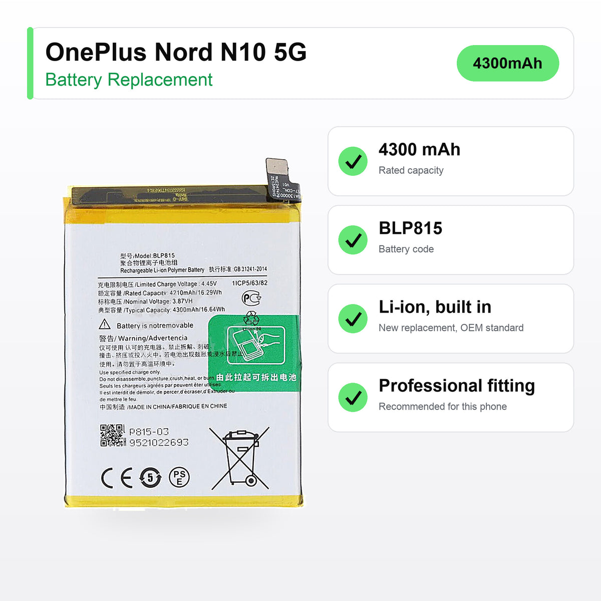 OnePlus Nord N10 5G battery replacement specs: 4300 mAh, BLP815
