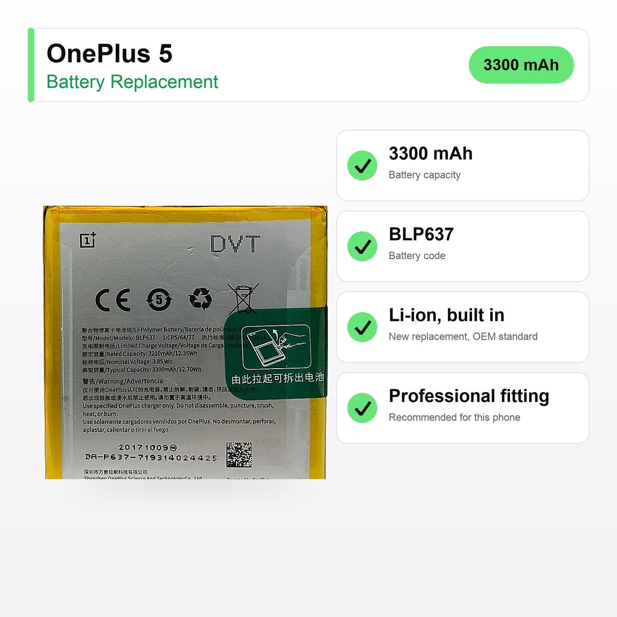 OnePlus 5 battery replacement specs: 3300 mAh, BLP637