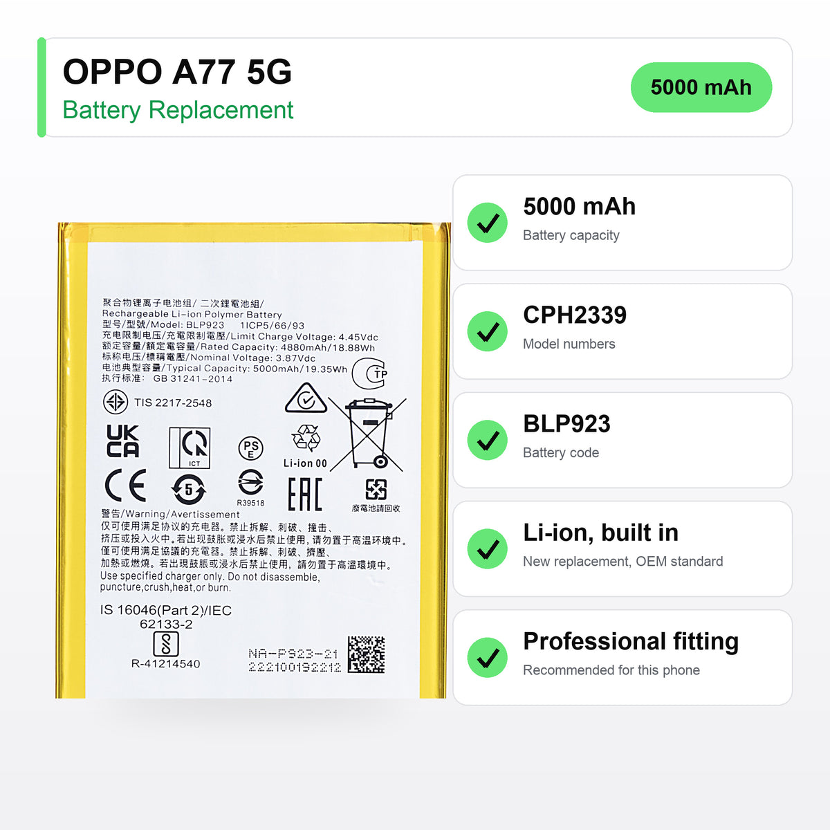 OPPO A77 5G battery replacement specs: 5000 mAh, CPH2339, BLP923
