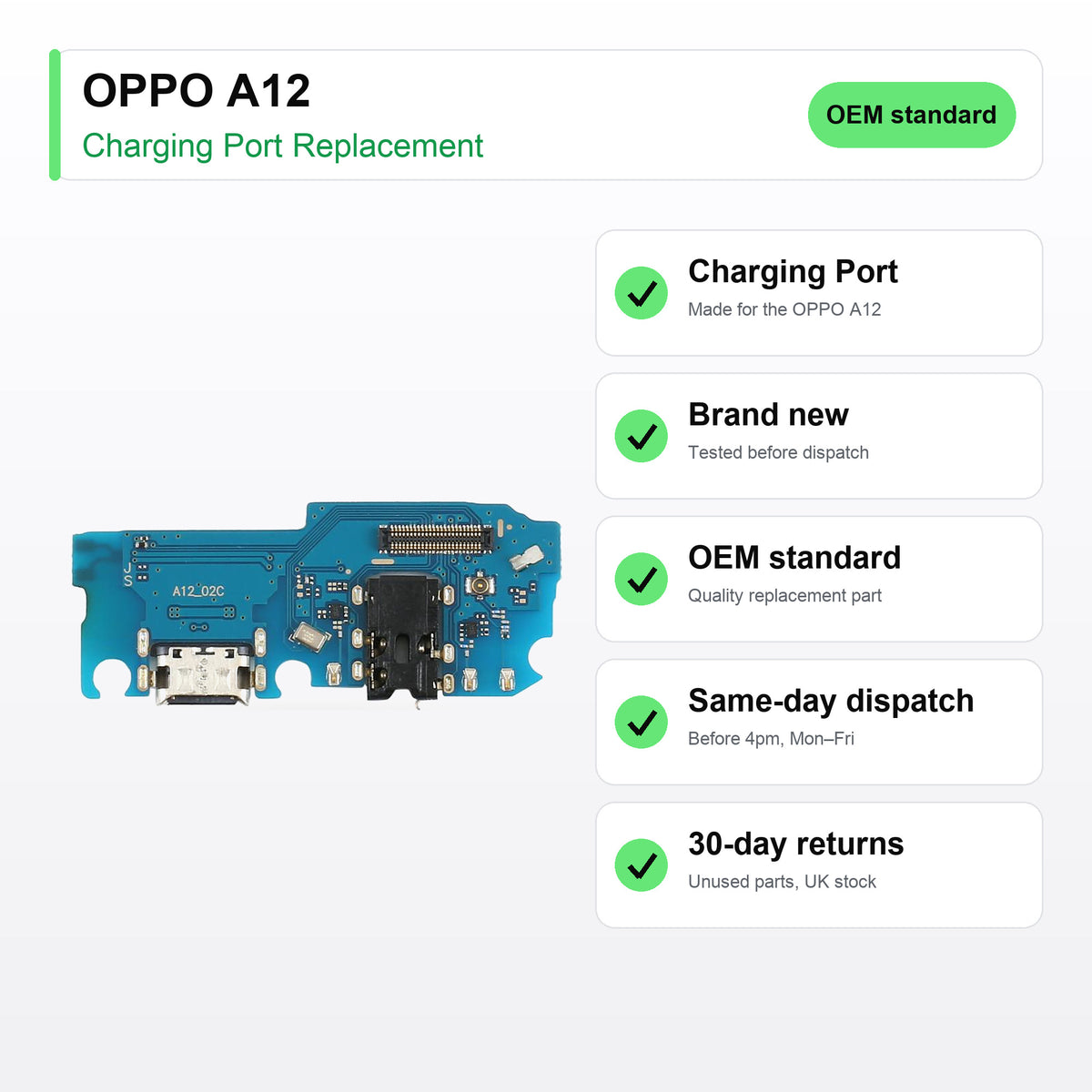 OPPO A12 charging port key facts: brand new, tested, same-day UK dispatch