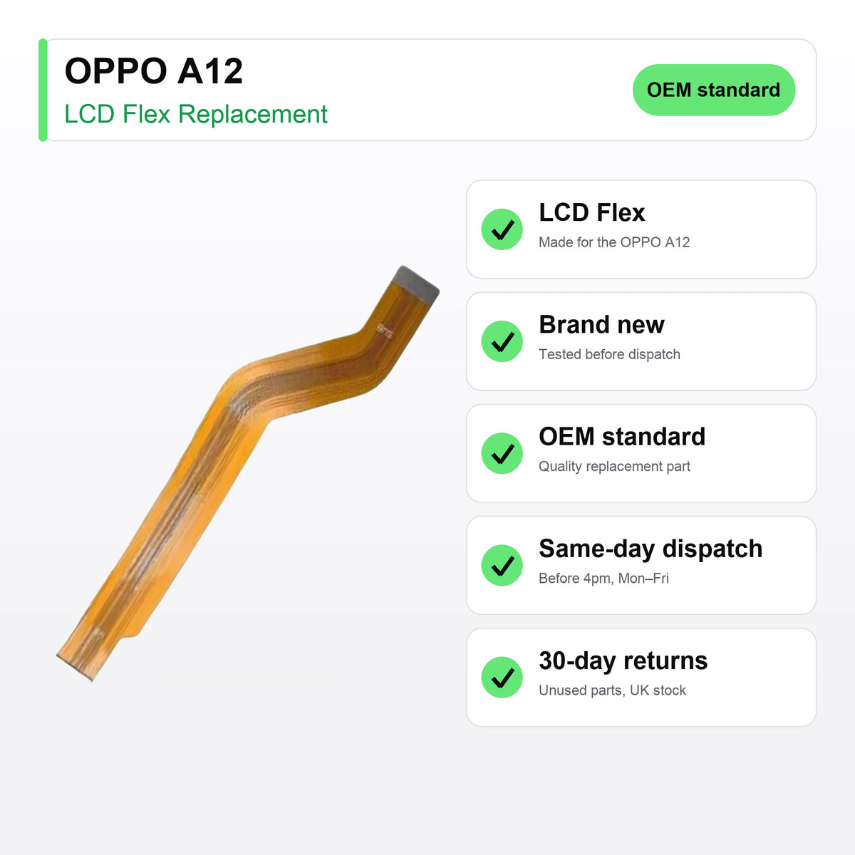 OPPO A12 LCD flex cable key facts: brand new, tested, same-day UK dispatch