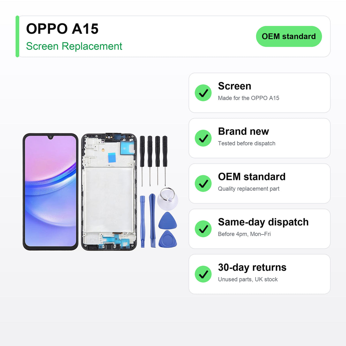 OPPO A15 screen key facts: brand new, tested, same-day UK dispatch