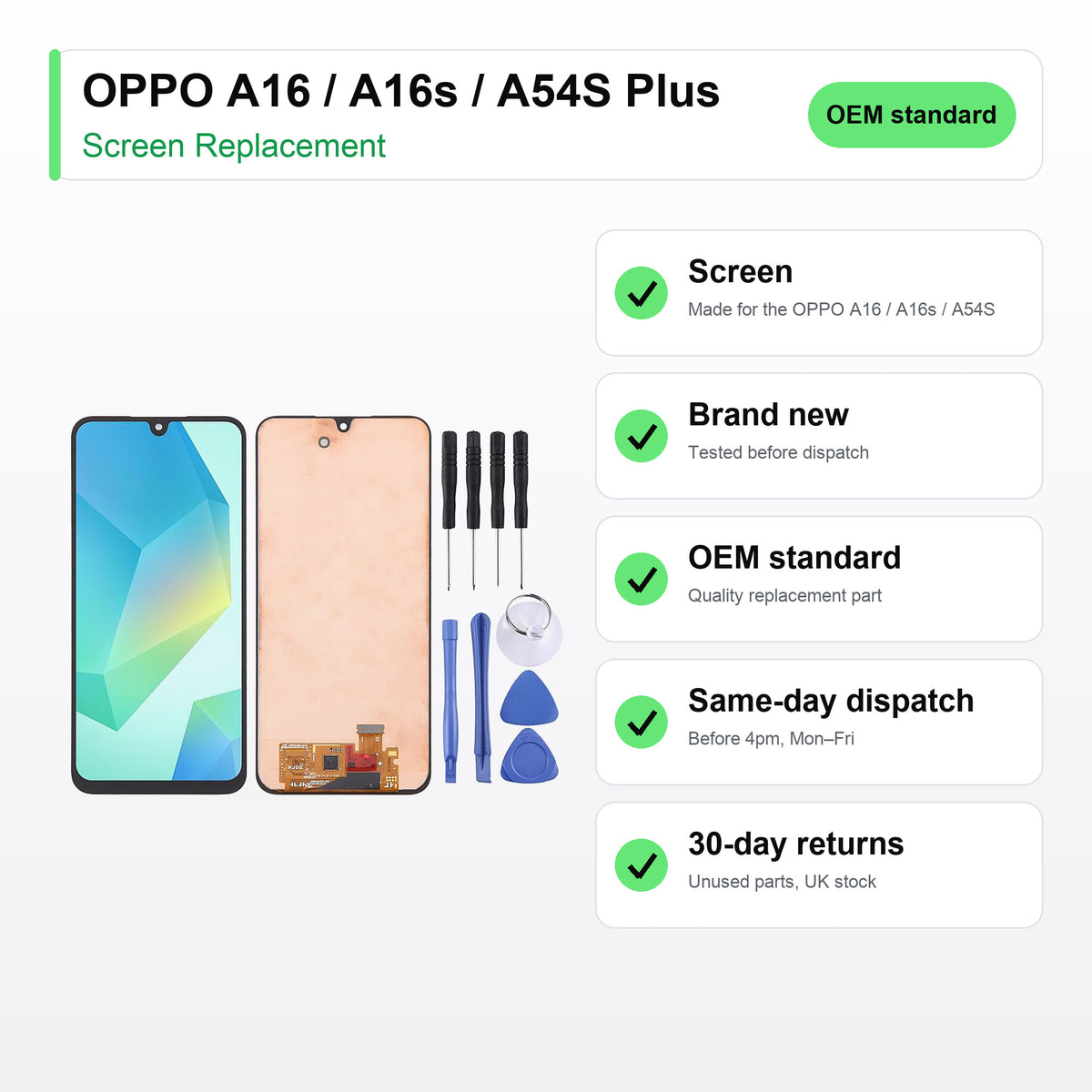 OPPO A16 / A16s / A54S Plus screen key facts: brand new, tested, same-day UK dispatch