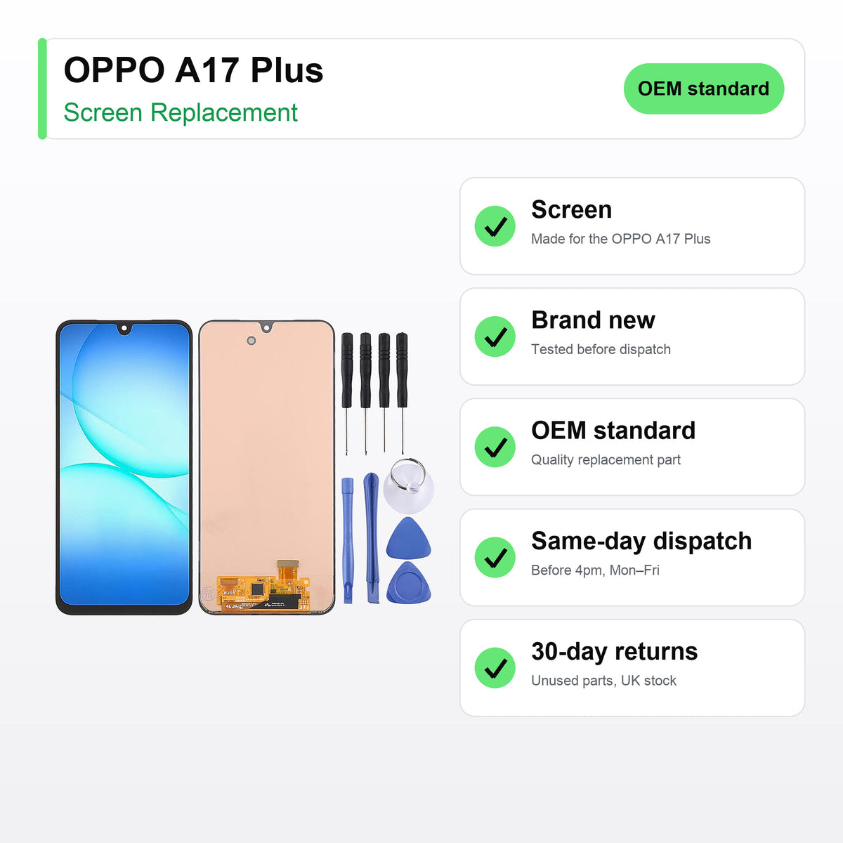 OPPO A17 Plus screen key facts: brand new, tested, same-day UK dispatch
