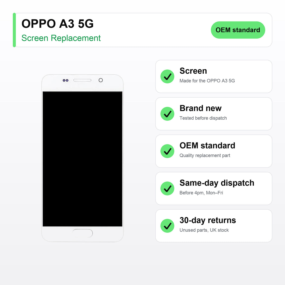 OPPO A3 5G screen key facts: brand new, tested, same-day UK dispatch
