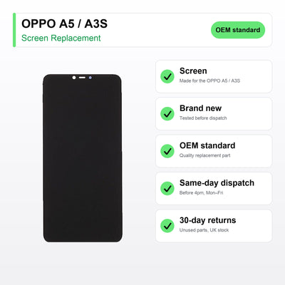 OPPO A5 / A3S screen key facts: brand new, tested, same-day UK dispatch