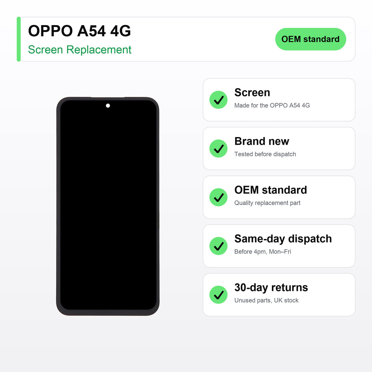 OPPO A54 4G screen key facts: brand new, tested, same-day UK dispatch
