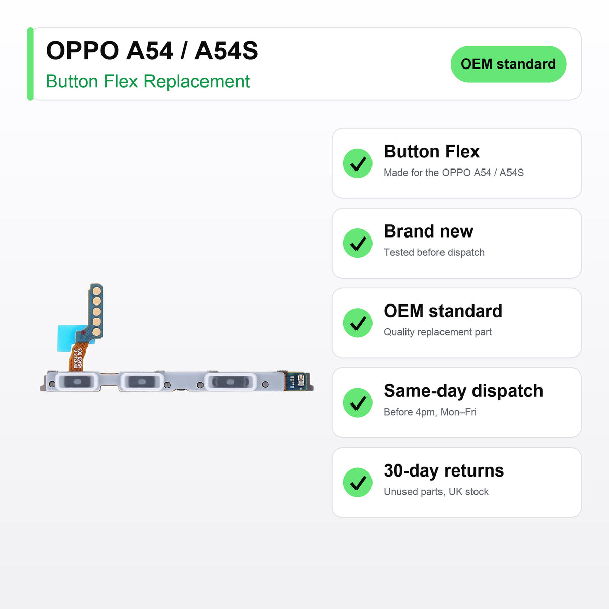 OPPO A54 / A54S button flex key facts: brand new, tested, same-day UK dispatch