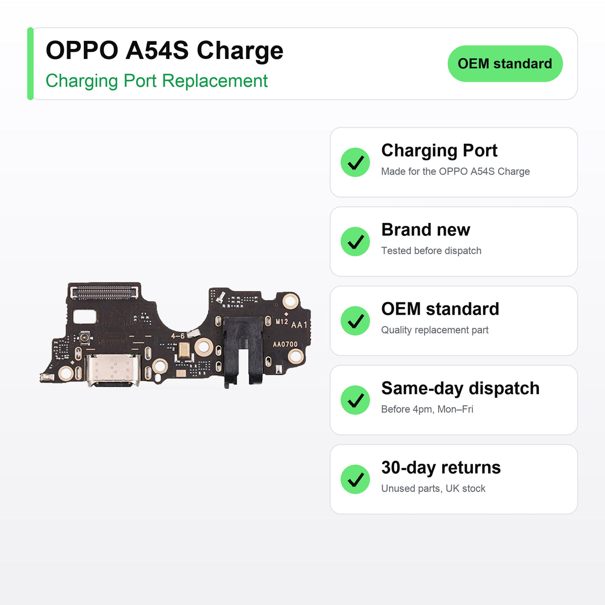 OPPO A54S Charge charging port key facts: brand new, tested, same-day UK dispatch