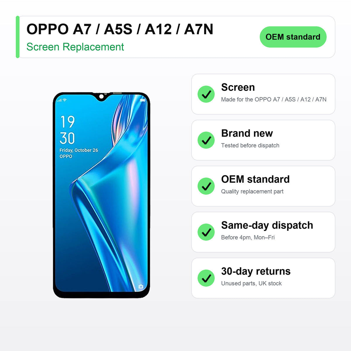 OPPO A7 / A5S / A12 / A7N screen key facts: brand new, tested, same-day UK dispatch