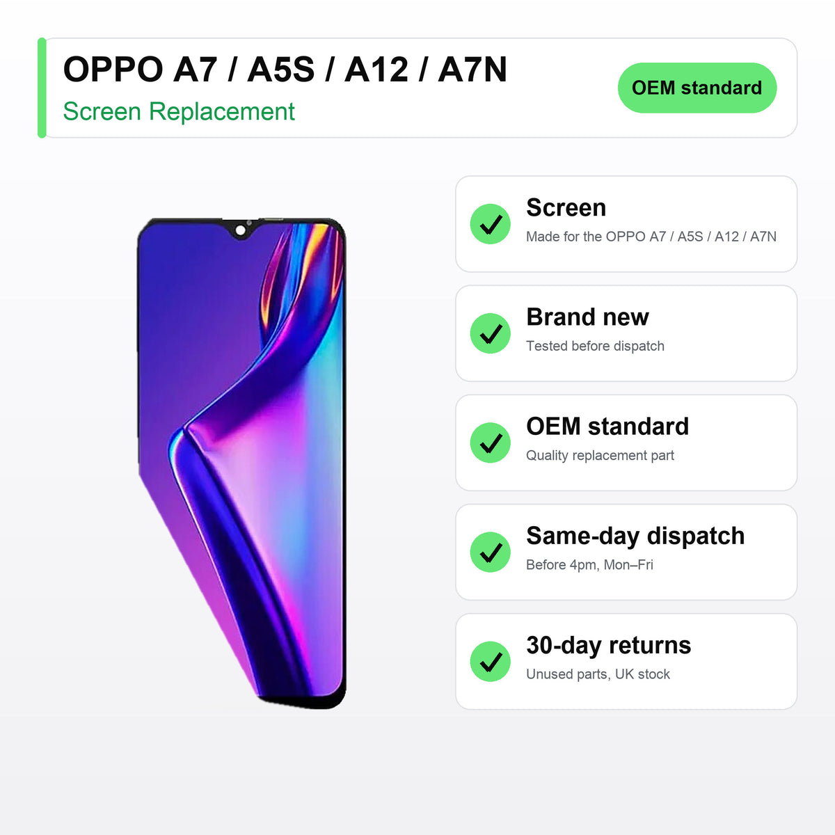 OPPO A7 / A5S / A12 / A7N screen key facts: brand new, tested, same-day UK dispatch