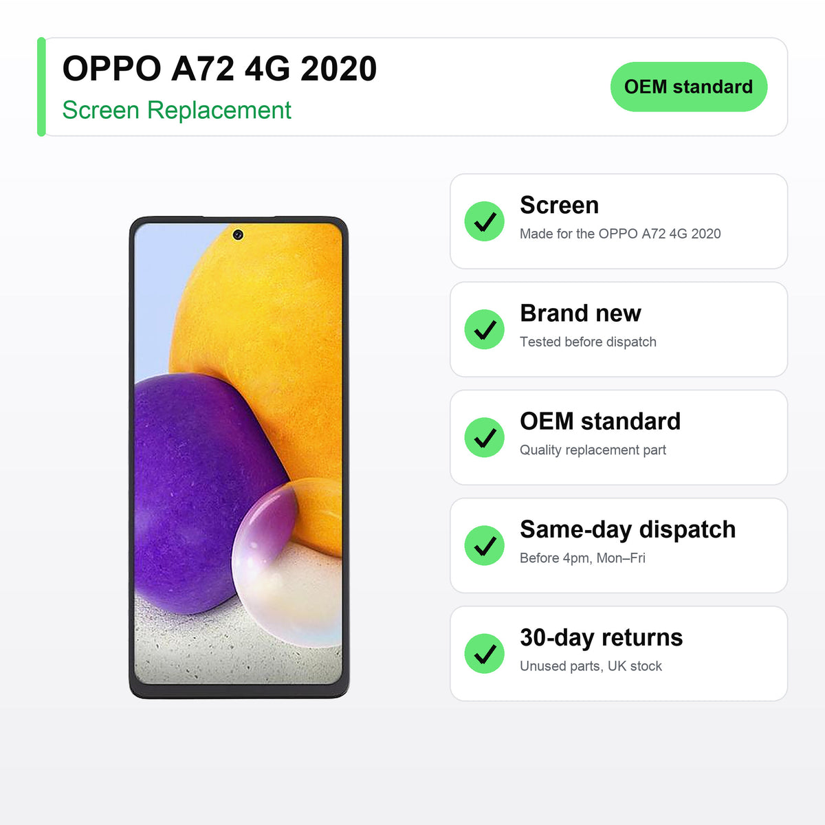 OPPO A72 4G 2020 screen key facts: brand new, tested, same-day UK dispatch