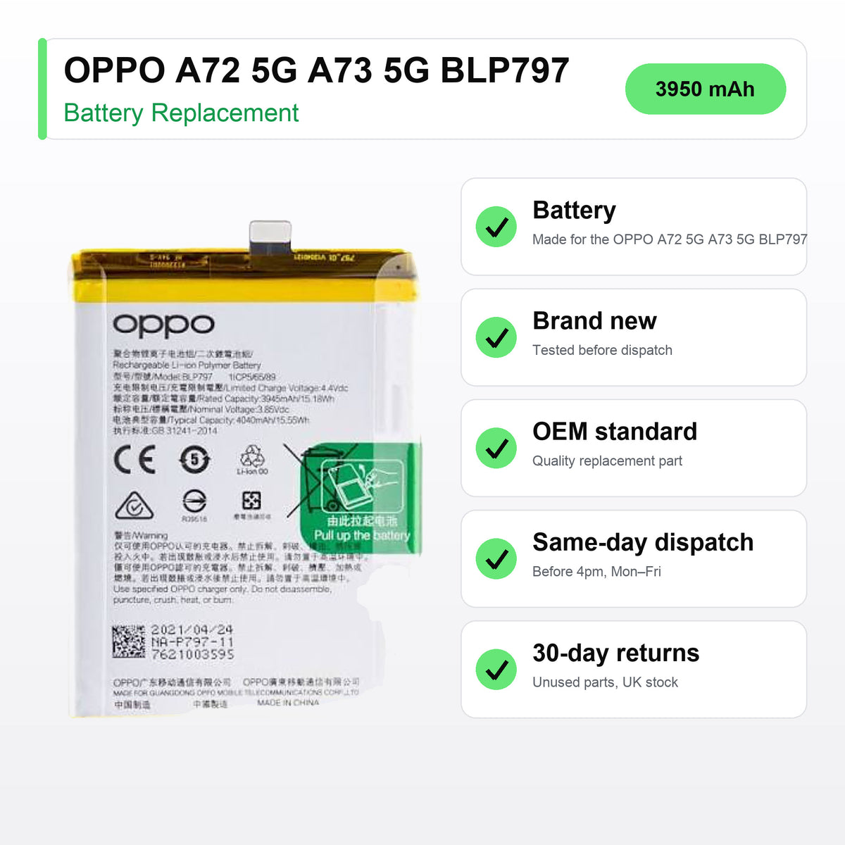 OPPO A72 5G A73 5G BLP797 battery key facts: brand new, tested, same-day UK dispatch