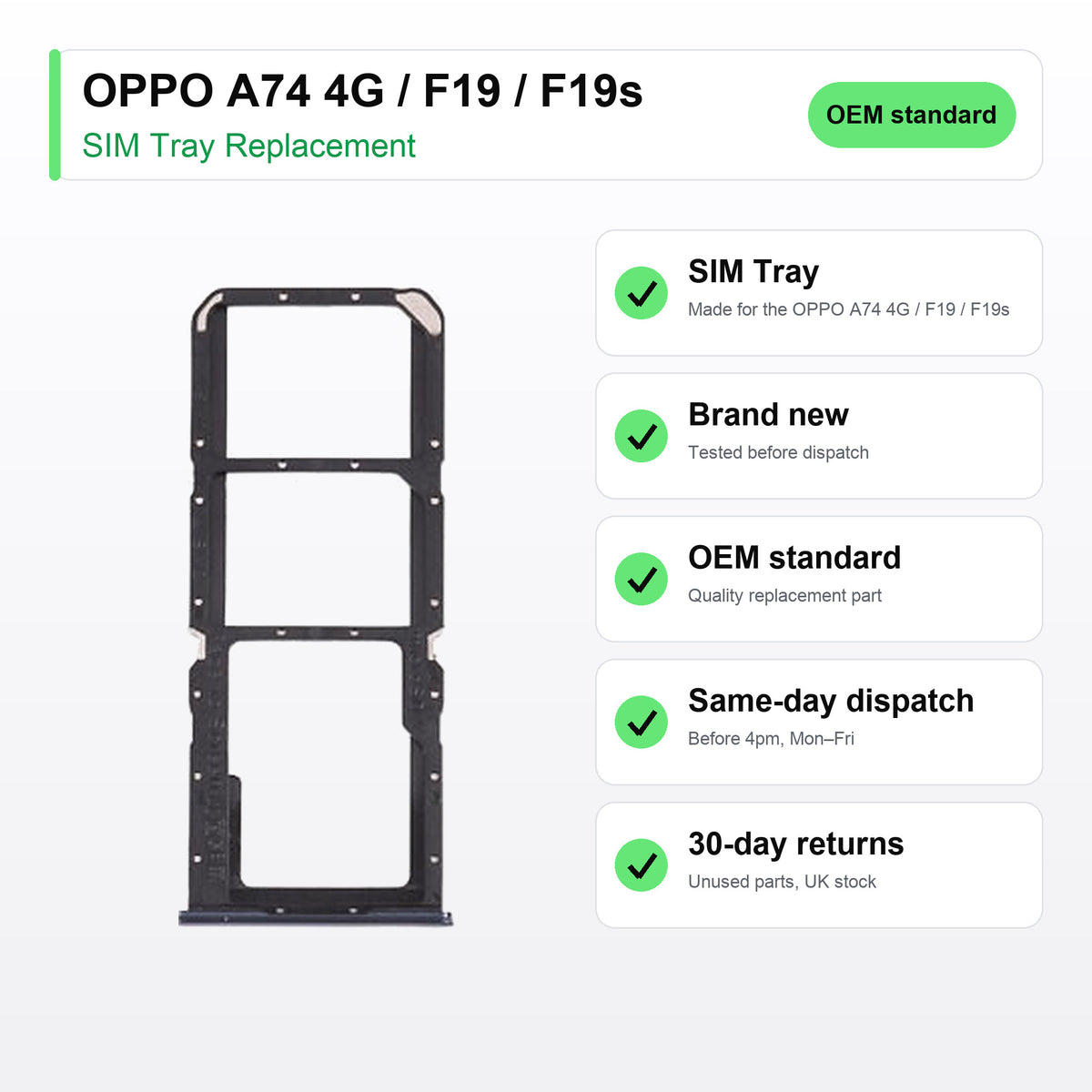 OPPO A74 4G / F19 / F19s SIM tray key facts: brand new, tested, same-day UK dispatch