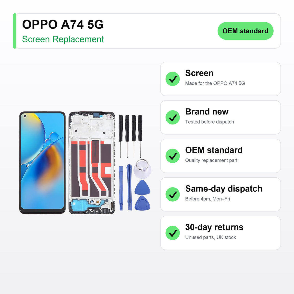 OPPO A74 5G screen key facts: brand new, tested, same-day UK dispatch