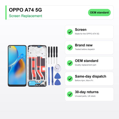 OPPO A74 5G screen key facts: brand new, tested, same-day UK dispatch