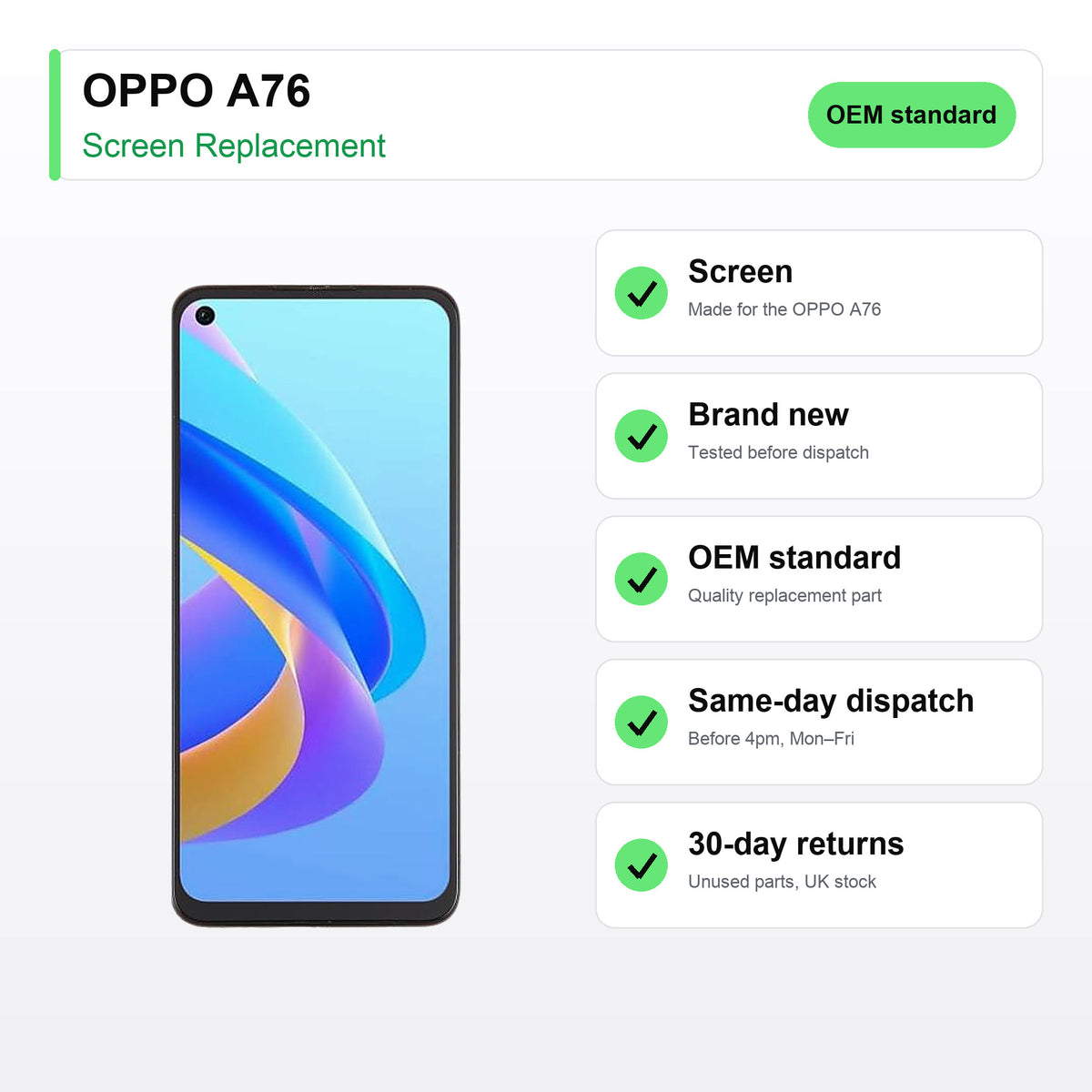 OPPO A76 screen key facts: brand new, tested, same-day UK dispatch